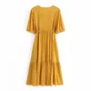 Polka Dot femme robe jaune à volants longues femmes été ceinture à manches courtes décontracté es vacances robe d'été 210519