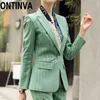 Gri Yeşil Pembe Şerit Blazer Iki Parçalı Set Kadın Ofis İş Takım Elbise Ve Tam Boy Pantolon Artı Boyutu Sonbahar Kış 210930