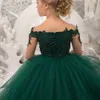 Verte manches longues en dentelle fleur fille robe pour femme de mariage perlé appliques tulle enfants première communion robes princesse robes de baptême de baptême