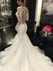 2021 Vintage Mermaid Bröllopsklänningar Långärmade Lace Appliques Beaded Wedding Gowns Sweep Train Jewel Bridal Gowns