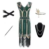 Casual Dresses 1920s Gatsby Sequin Fransed Paisley Flapper Klänning med 20s Tillbehör Set Plus Storlek (grön)
