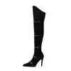 Newest Rivets Studs Strappy Patchwork Over Knee Boots Women poineted toe black suede Thigh Bottines Thin High Heels long Botas