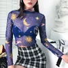 Damska Koszulka E Girl Print Z Długim Rękawem Przyrody Topy Koszulki Kobiety Przezroczyste Ruffles Hems Mesh Turtleneck Tshirt Y2K Estetyczne Streetwear