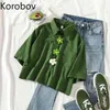 Korobov 3D-Blumen-Design Sommer-T-Shirt Frauen Umlegekragen Kurzarm-T-Shirts Casual Sweet Crop Tops Neue Ankunft Camisetas 210430
