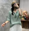 Dames blouses shirts etnische stijl geborduurde linnen shirt zomer v-hals korte mouw truien blouse casual vrouwen 2021 tops