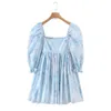 Bright Like Silk BLUE Floral Print Ball Gown Dress Puff Sleeve Retro Women Ruched Pleated Waist Mini Party Dresses Fairy 210429