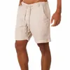 Zomer mannen shorts linnen ademend katoen sport dun lichtgewicht trekkoord solide losse strand korte broek 210714