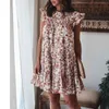 O Neck Boho Style Dress Women Flower Print Summer Short Ruffle Casual Chic Holiday Mini Vestido French 210427