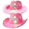 パーティーの帽子LED帽子西部スタイルのカウボーイハットピンクの女性祭クリスマスの歪め幅広いブリム