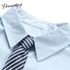 Yitimuceng Knapp Blus Kvinnor Korta Lösa Skjortor Solid Sommar Fashion French Kläder Enstaka Breasted Preppy Style Toppar 210601