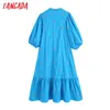 Kobiety Floral Haft Blue Midi Sukienka Vintage Rękawem Puff Sukienki Dresses Vestidos Beull Beull 210416