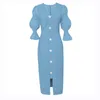 Blå Slim Sexig Bag Hip Women's Summer Dress Office Lady Polyester Chiffon Zippers Knä-längd 210416