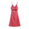 Boho Vintage Floral Print Midi Strap Dress Femmes Mode Casual Mi-mollet Vacances Plage Dos Nu Robes Vestidos Mujer 210508