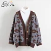 H.SA Women V neck Button Up Knit Pink Grey Leopard Knitted Cardigans Soft Cashmere Sweater Jacket 210417