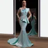 Graceful Sky Blue Mermaid Prom Dresses Crystals Beading Evening Dress Custom Made Jewel Long Sleeves Sweep Train Celebrity Party Gown
