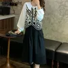 Fashion Women 3 Pieces Set White Lace Up Shirt Hollow Out Floral Vest Black Long Skirt Elegant Suit Lady Outfit 210601