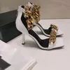 21ss Newest Luxury Genuine Leather Classic sandals Chain 8.5CM High heeled Gladiator Women Fine heel Top quality Fashion sexy party woman shoes Slippers big size 35-41