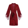Nouveau haute qualité femme glace soie à manches longues épissage dentelle robe de nuit peignoir matin Robes pour femmes grande taille deux couleurs Q0818