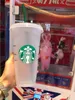 Starbucks 24 oz/710 ml Plastic Tumbler Herbruikbare Clear Drinken Platte Bodem Cup Pijler Vorm Deksel Stro Mok Bardian 10 stuks Meer dan 30 stuks gratis DHL