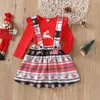 Clothing Sets Little Girl Skirt Sweet Two Pieces Suit Cartoon Christmas Print Round Neck Long Sleeve Tops And Suspender Red Clothes Set