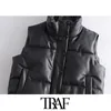 Women Fashion With Drawstrings Faux Leather Padded Waistcoat Vintage High Neck Side Pockets Female Outerwear Mujer 210507