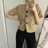 Летняя ретро минимализм все-матч Slim Khaki V шеи с коротким рукавом пиджаки куртка женщины две кнопки свободно черное пальто вскользь 210610