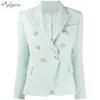 Tweed Mint Green Blazer Ladies Summer Jacket Coat Slim Office Business Double-breasted Woven Wool 210525