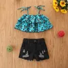 Tjejkläder Sats Sommar Ärmlös Leopard Sling Toppar Denim Shorts Casual 2pcs Outfit Fashion Barn set 210515