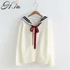 H.SA Women and England Style Button Up Bow Knit Jacket Casual Blye Cardigans Spring Outwear Sweater Tops 210417