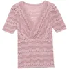 Women Lace Blouse Tshirt Summer Elegant Short Sleeve V-neck Shirt Tops The 210507