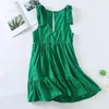 Zielony Krótki Kombinezon Kobiety Summer Bow Haftowane Bez Rękawów Kobiet Kombinezon Wzburzyć Vintage Playsuit Combishort 210519