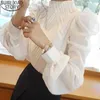 Frühling Koreanischen Stil Chiffon Hemd Chic Elegante Mehrschichtige Plissee Stehkragen Bluse Frauen Puff Sleeve Sonnenschutz Top 12945 210527
