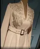 Elegante nude rosa curto uma linha formal vestidos de noite profundamente pescoço mangas compridas vintage comprimento chá vintage puffy vestido apliques ouro laço especial ocasião vestidos de ocasião 2021