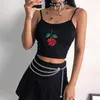 Kimutomo Casual Rose Bordado Câmeras Mulheres Chic Moda Senhoras Exponha Umbigo Preto Curto Tops Outwear Verão 210521