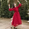 Элегантная взлетно-посадочная полоса осень длинные вечеринки платья женщин шифоновые оборками красный полный фонарь рукав Maxi платье модное поясное платье 210514