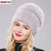 Kvinnor Vinter Luxury Real Rex Kanin Fur Hat Stickad Top Natural Cap Äkta Mössor 211126