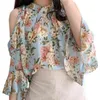 Vår sommar Off-Shoulder Pullover Floral Loose Blouse Kvinnor Kortärmad Ol Chiffon Shirt Blusas Mujer de MODA 14370 210521