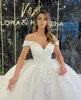 Sparkly Dantel Aplike Balo Gelinlik Boncuklu Kapalı Omuz Boyun Payetli Gelinlikler Sweep Tren Tül Robe de Mariée