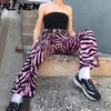 Pink Zebra Print Pants Y2K, Punk Street Clothes, Mid Waist Loose, 1990s Sweatpants Women Woman Women's & Capris