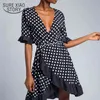 Moda Dress Kobiety V-Neck Drewniane Ucha Nieregularna Fala Point Szyfonowa Flare Rękaw Summer Dot 3330 50 210510