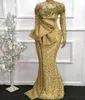Goden Elegantアフリカのイブニングドレス2021長袖スパンコールレースアップリケ人魚フォーマルドレスASO EBI GOLDビーズPROM GOWNS ROBE DE SOIREE