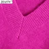 Zevity Women Simply V Neck Soft Touch Casual Purple Knitting Sweater Female Chic Basic Long Sleeve Pullovers Brand Tops SW901 210914