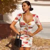 Vintage Floral Print Robe Summer Femmes Sexy Bodycon Casual Vacances Boho Beach Robes Sun 210427