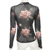 Sexy Women Bluzka Sheer Mesh Pink Rose Print Z Długim Rękawem Slim Okrągły Neck Przezroczyste Top Tuniki indywidualność #YJ Damskie Bluzki Koszule