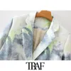 TRAF女性のファッションダブルブレストタイ染めプリントブレザーコートビンテージ長袖ポケット女性の上着シックトップ210415