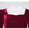 Casual Dresses Wine Red Veet Woman Ceremony Sweetheart Halsringning Lykta ärmar Öppen rygg slits vent midi mantel klänning