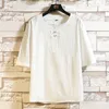 Moda Summer New Korea Mens T koszule krótkie rękawie harajuku bawełniany lniana bieliznę męską koszulę czarną białą khaki 4xl 5xl 210412