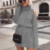 Autumn Winter Turtleneck Off Shoulder Knitted Sweater Dress Women Solid Slim Plus Size Long Pullovers Knitting Jumper Tops 210619