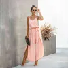 Kvinnor Sida Split Hem Casual Rompers Summer Svart Sexig Backless Wide Leg Jumpsuit Ladies One Piece Womens Kläder Bälte Rosa 210415