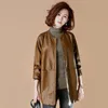 O-Neck Spring Woman's Pu Leather Jackets Långärmad Casual Ladies Faux Coats Basic Kvinnajacka med fickor